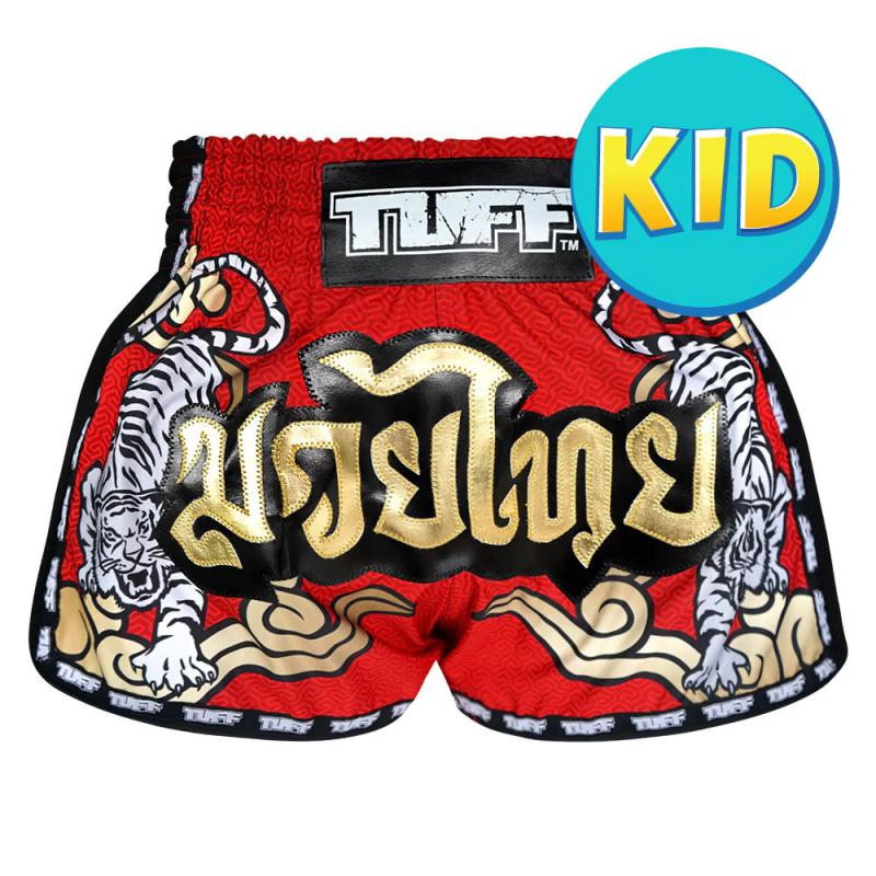 TUFF: KIDS TWIN TIGER MUAY THAI SHORTS - RED/GOLD