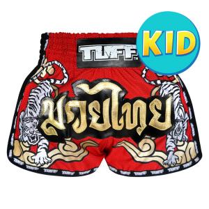 TUFF: KIDS TWIN TIGER MUAY THAI SHORTS - RÖD/GULD