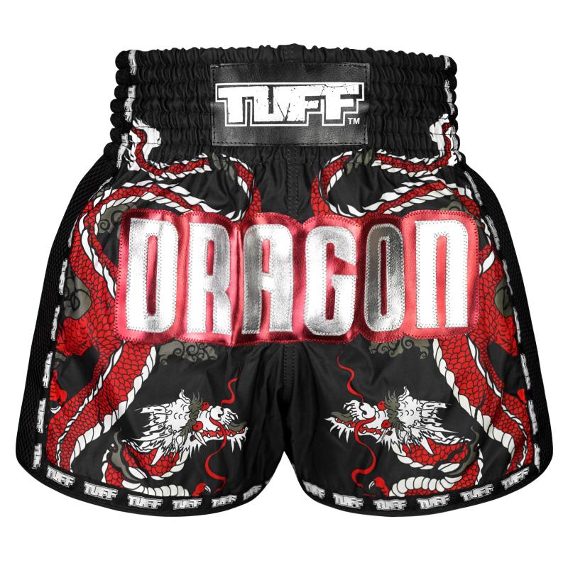 TUFF: RETRO BLACK CHINESE DRAGON MUAY THAI SHORTS - BLACK