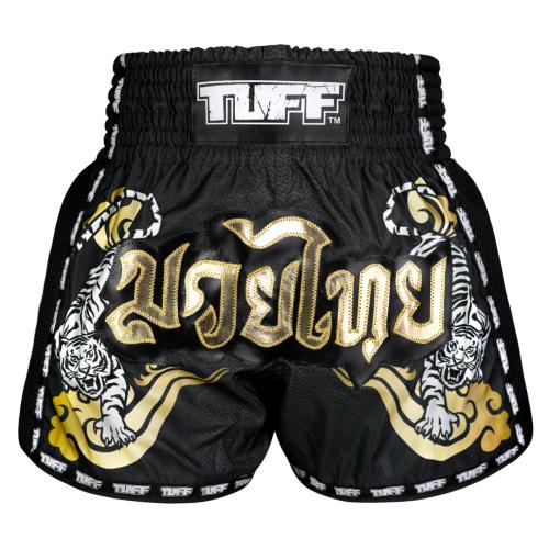 TUFF: RETRO BLACK TWIN TIGER MUAY THAI SHORTS - SVART/GULD