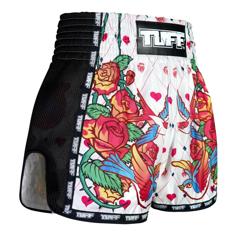 TUFF: RETRO WHITE ROSE WITH BIRDS MUAY THAI SHORTS - VIT