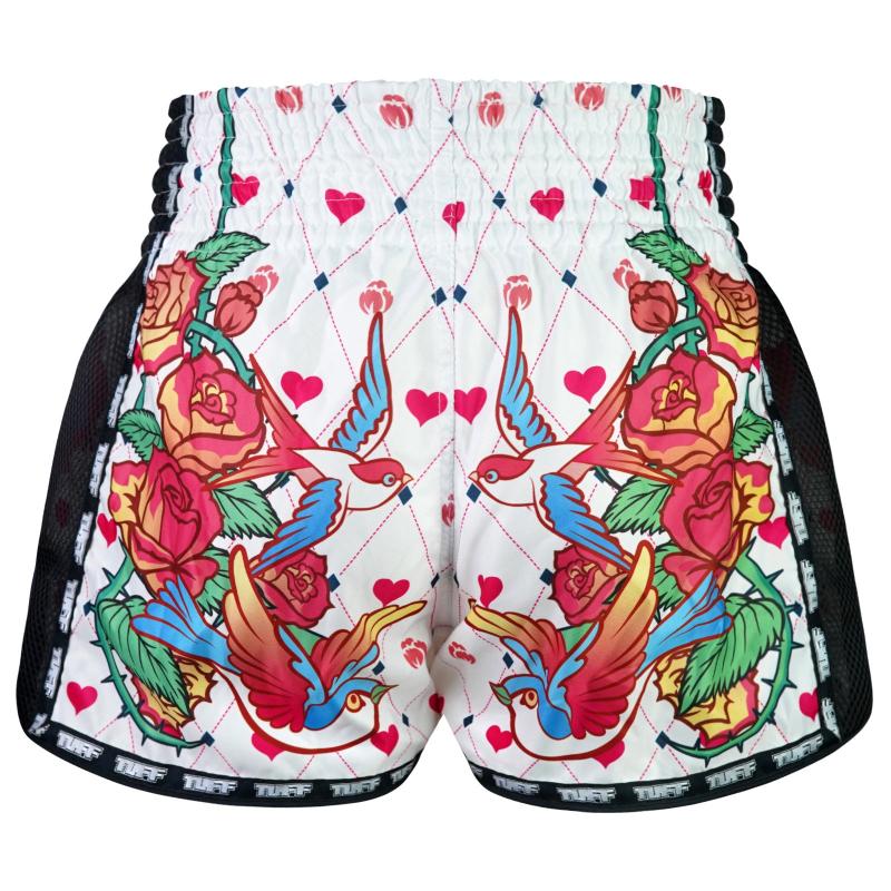 TUFF: RETRO WHITE ROSE WITH BIRDS MUAY THAI SHORTS - VIT
