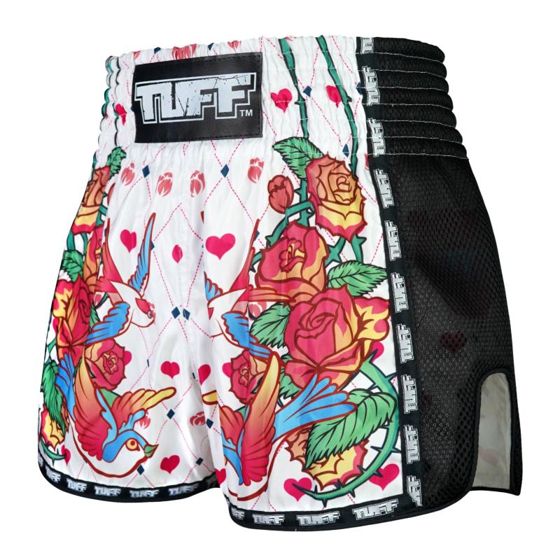 TUFF: RETRO WHITE ROSE WITH BIRDS MUAY THAI SHORTS - VIT