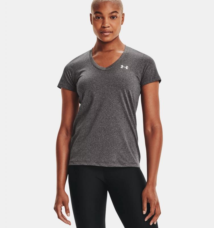 UNDER ARMOUR: WOMENS TECH SS SOLID V-NECK SHIRT - CARBON HEATHER