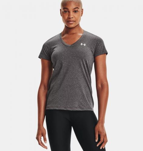UNDER ARMOUR: WOMENS TECH SS SOLID V-NECK SHIRT - GRÅ