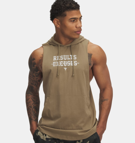 UNDER ARMOUR: PROJECT ROCK WIRE SLEEVELESS HOODIE - BRUN