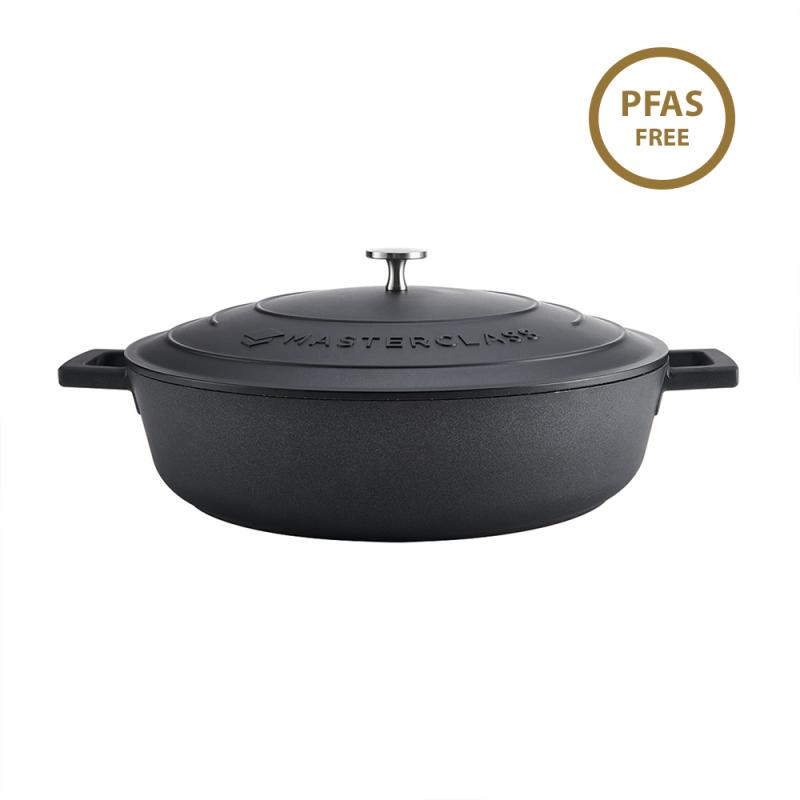 MasterClass Cast Aluminium Black Shallow Casserole Dish, 32cm, 5 Litre, Gift Box