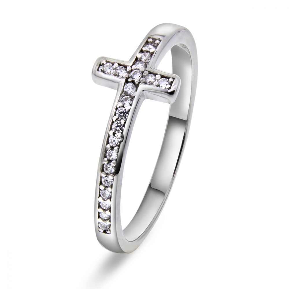 Silverring cz kors