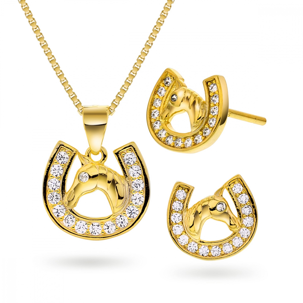 Set förgyllt halsband och örhänge hästhuvud