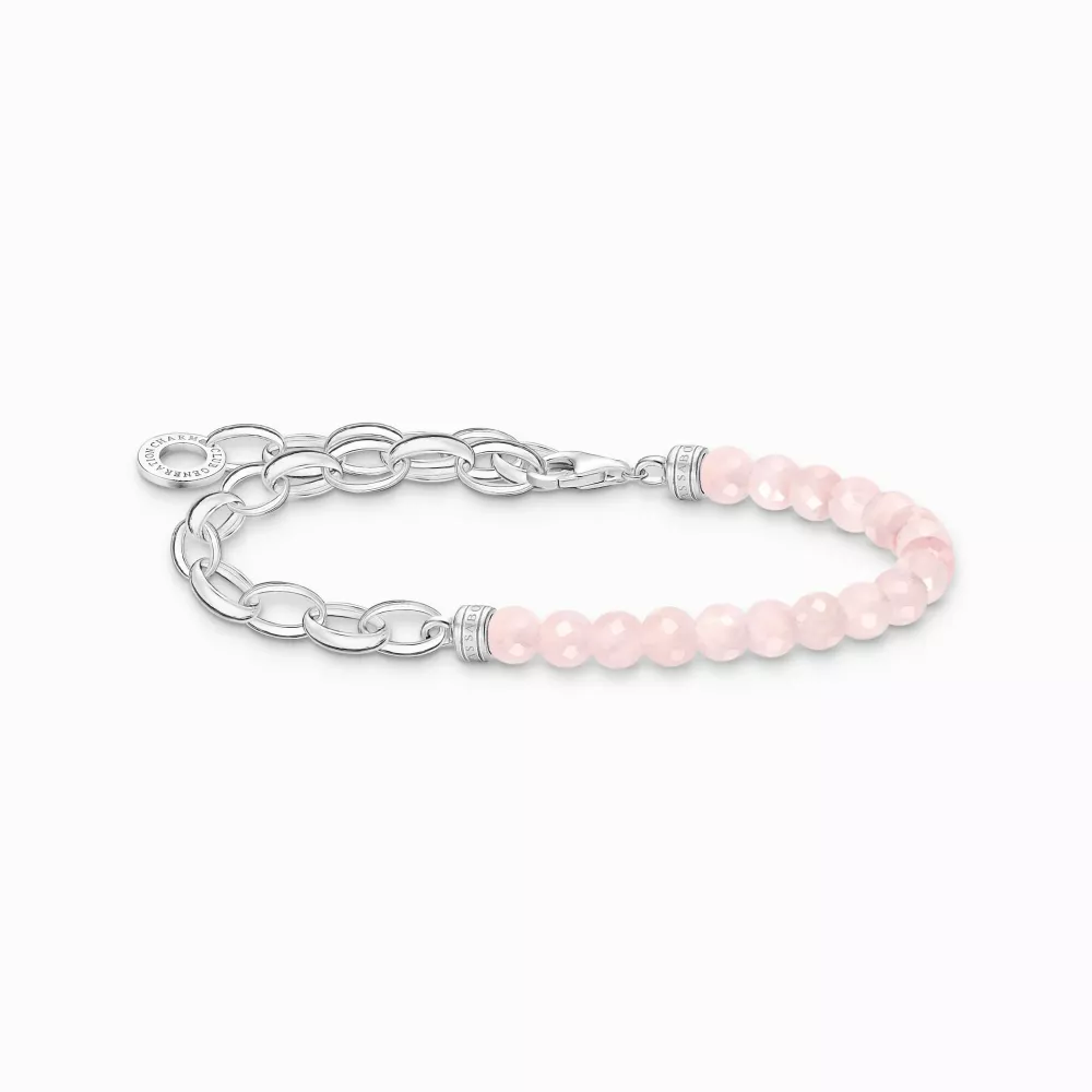 Charm-armband med rosenkvarts beads och länkar silver