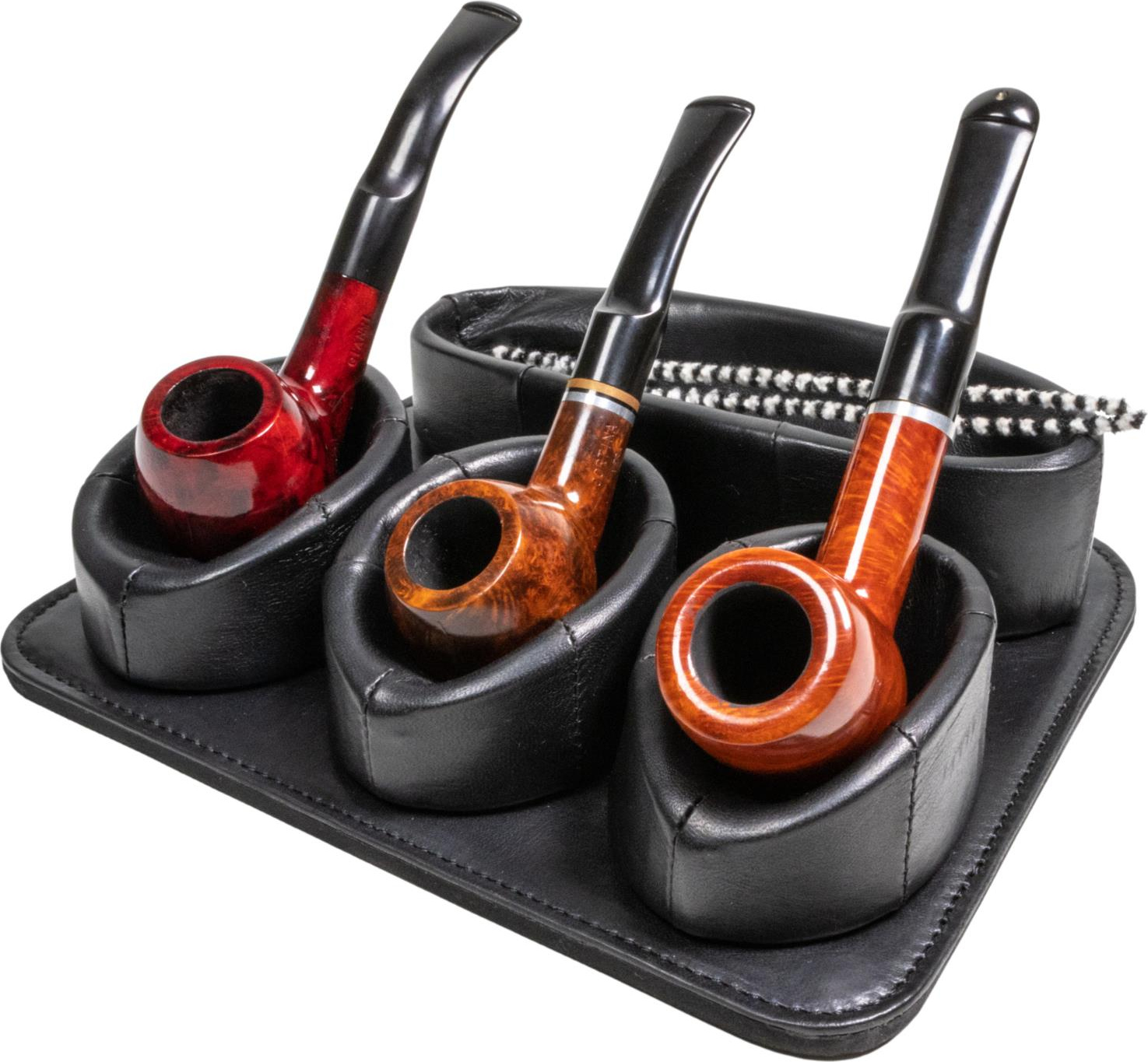Pipe rack for 3 pcs Pipes in Black leather