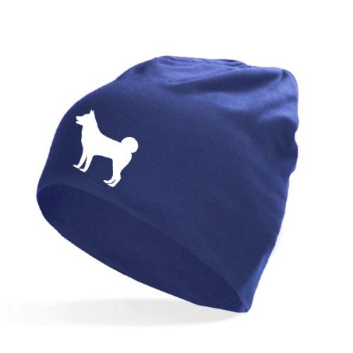 marinblå barnmössa med ett siluettmotiv av en hälleforshund