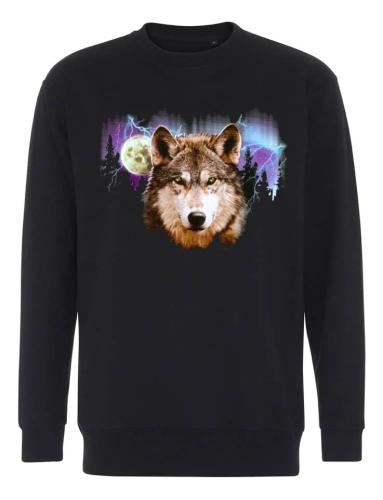 Collegetröja med vargansikte mot vacker himmel