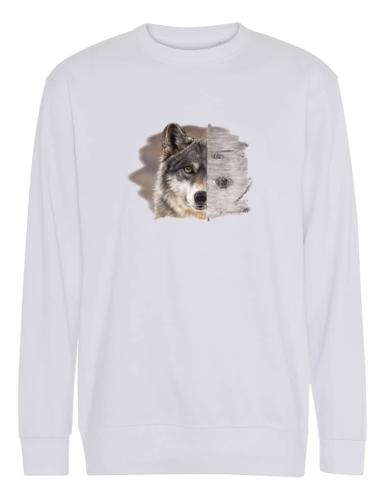 Collegetröja med varg bakom trädstam