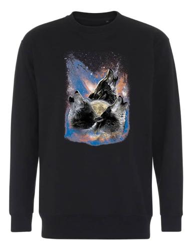 Collegetröja med vargar i rymdlandskap