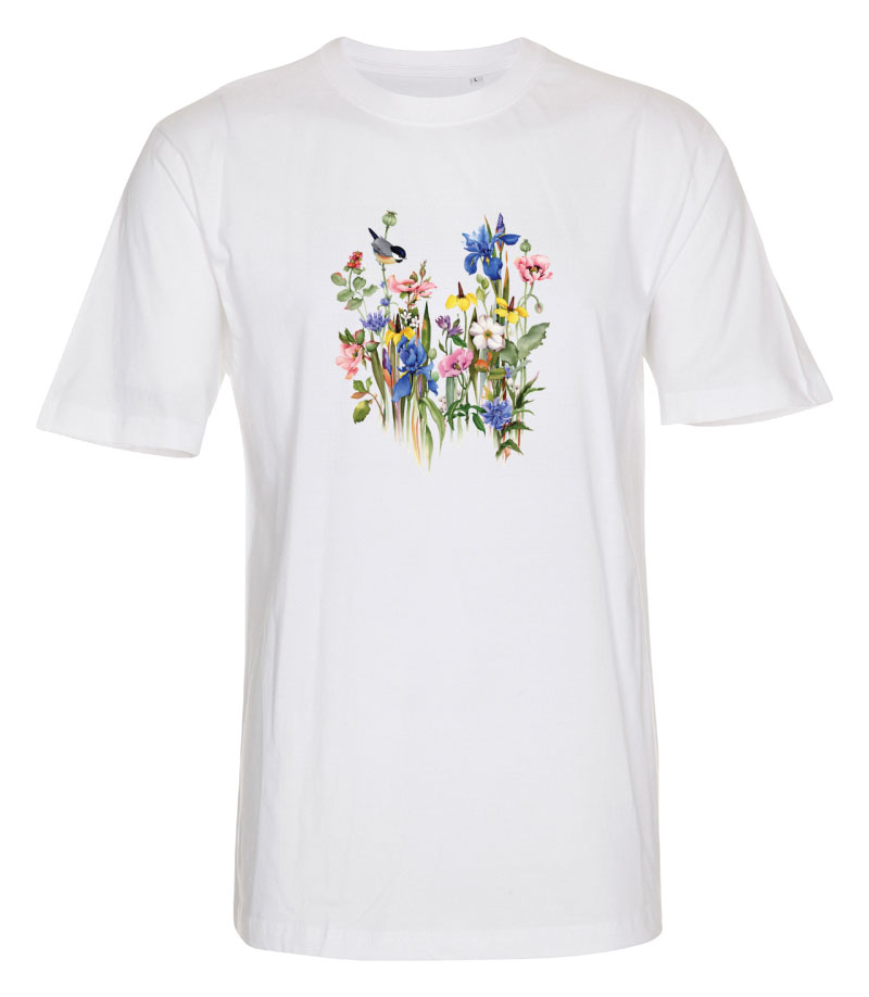 T-shirt med en fågel på blomsteräng