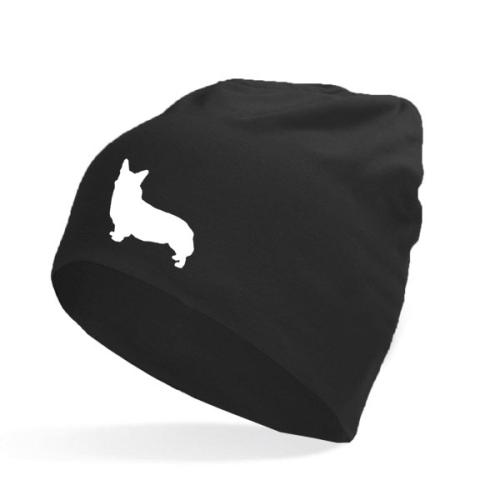 svart barnmössa med ett siluettmotiv av en welsh corgi pembroke