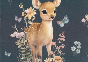 T6668 Sweatshirt Fabric Deer and Flowers dark blue (40 x 50 cm) **