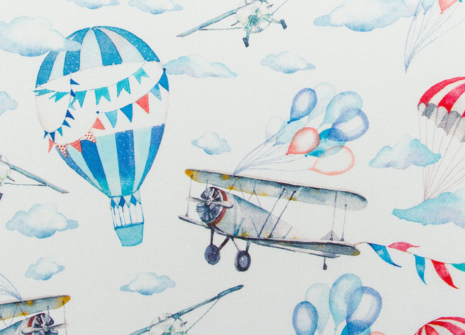 V1057 Bomullsväv Flygplan och blå ballonger **