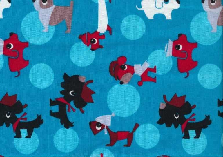 Cotton Poplin Fabric Dogs turquoise