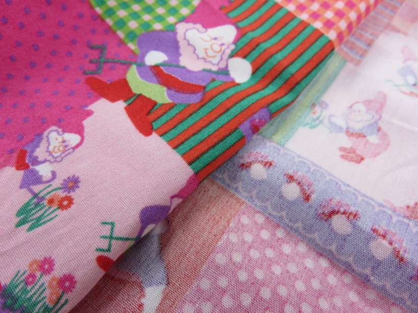 Cotton Poplin Fabric Garden Gnomes in Squares pink