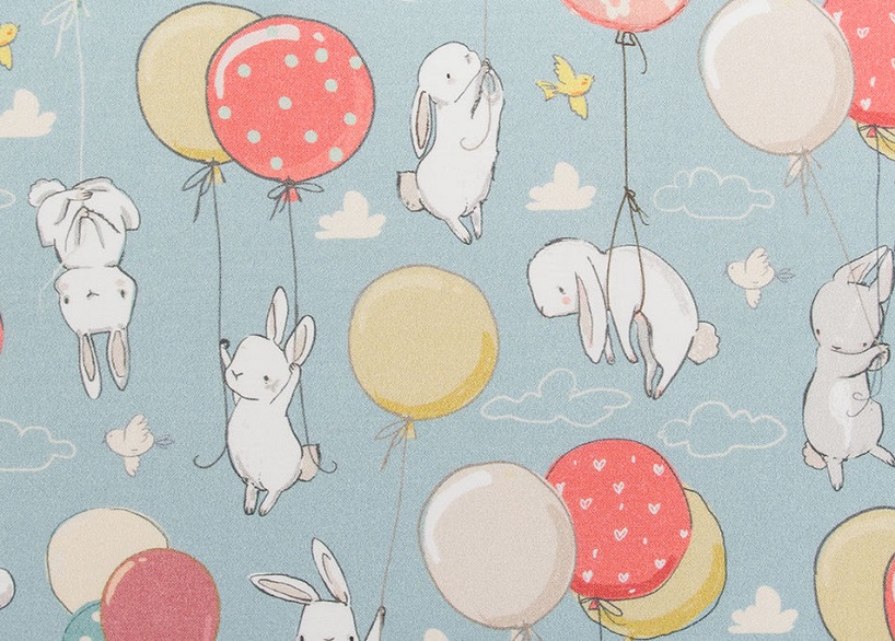V973 Bomullsväv Kaniner med ballonger blå **