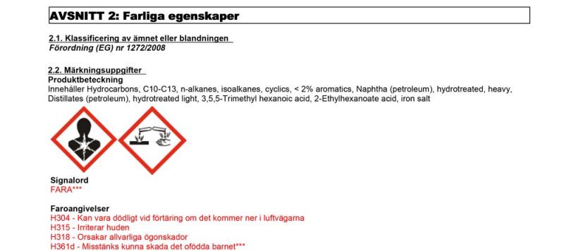 Information farliga egenskaper J02260 JLM DPF Refill Fluid