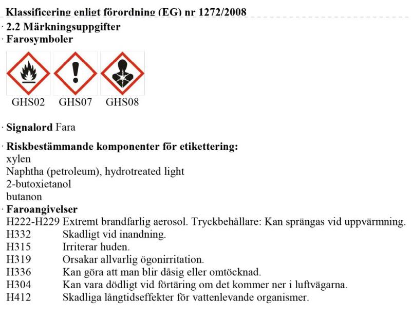 Information farliga egenskaper J02710 Diesel & Bensin Luftintag & EGR Rengöring