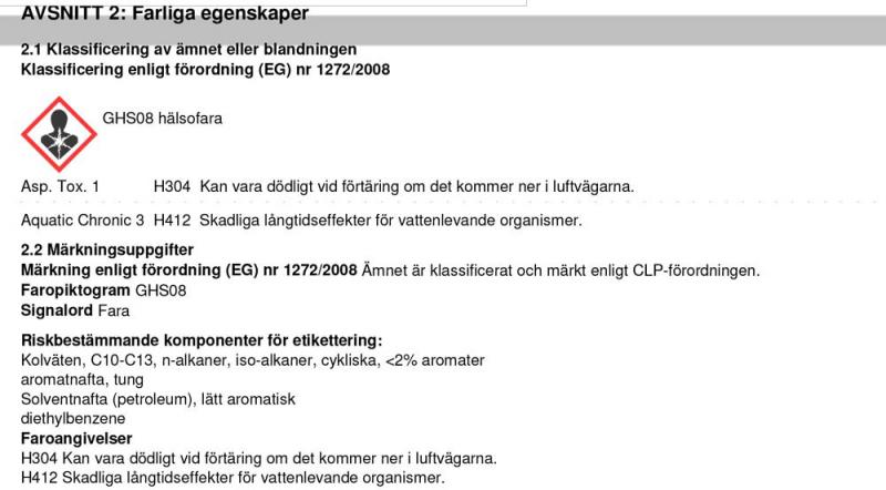 Information farliga egenskaper J03130 BENSIN INJECTOR CLEANER