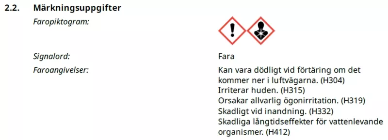 Farliga egenskaper JLM Petrol Pre-test Emission Fixer