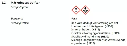 Farliga egenskaper JLM Petrol Pre-test Emission Fixer