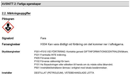 Information farliga egenskaper J02210 Diesel DPF Cleaner