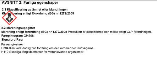 Farliga egenskaper J03175 E10 Bensintillsats