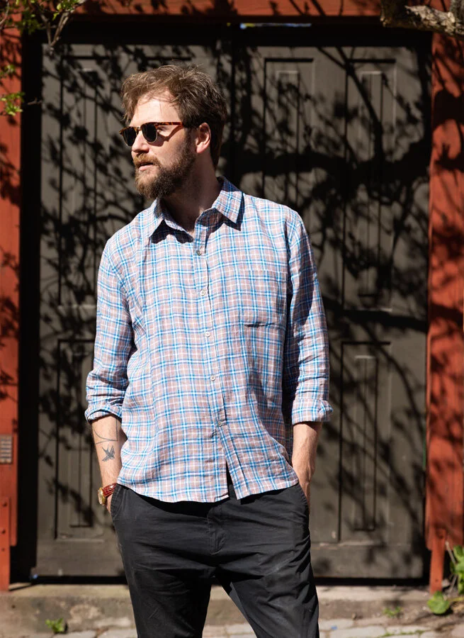 MAX herrskjorta linne Blårutig