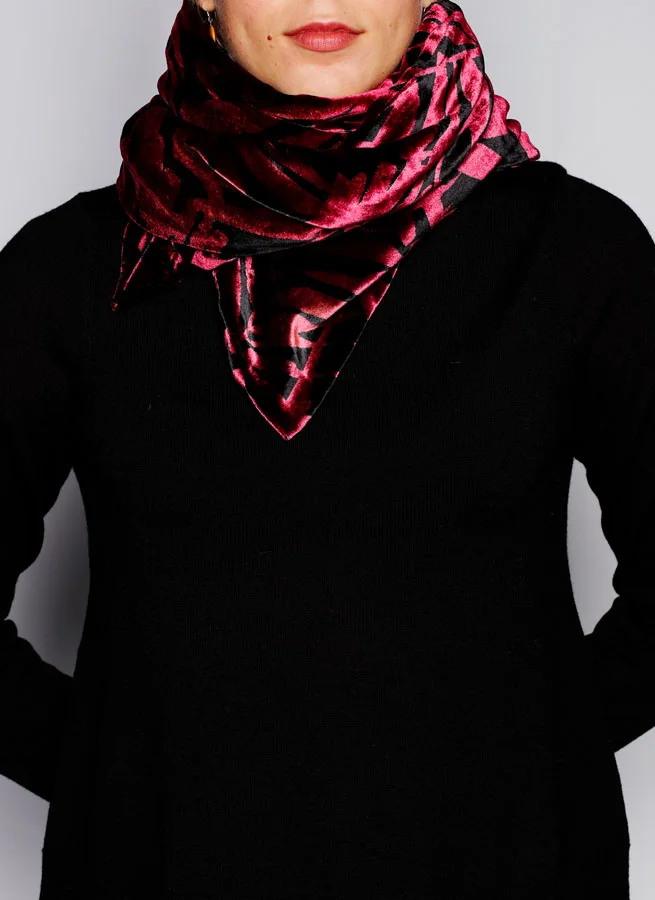 Sammetssjal Monstera Vinröd