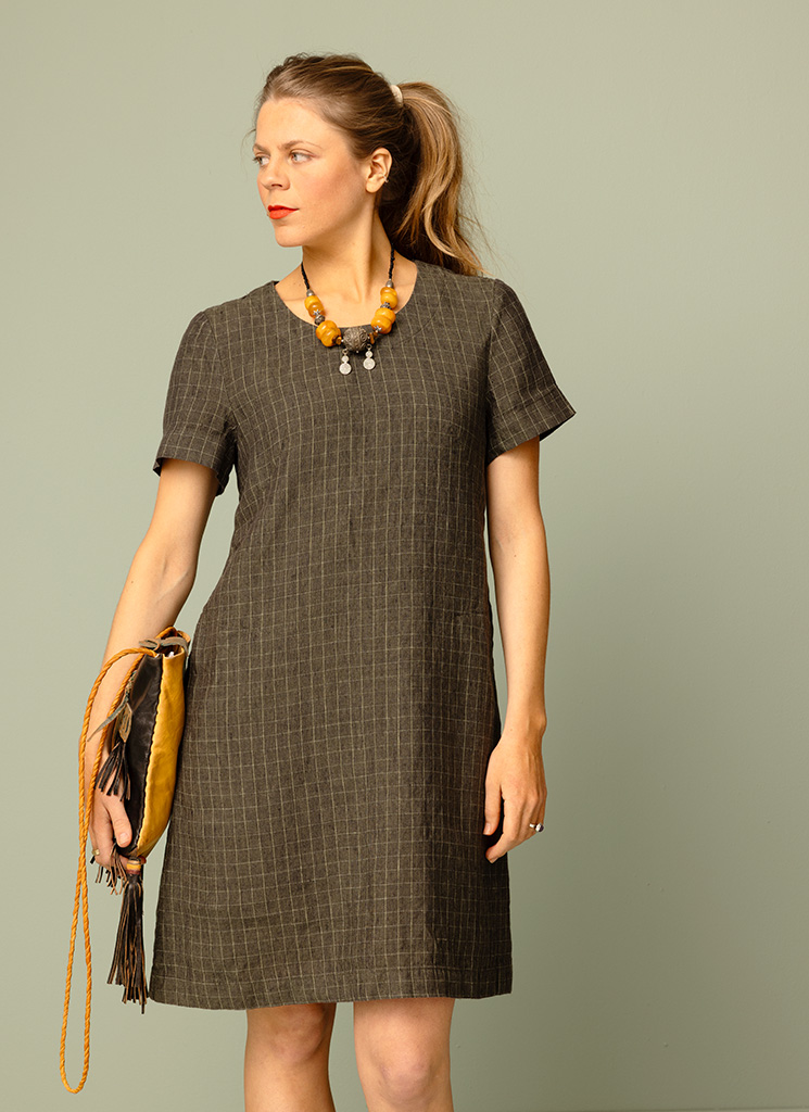 TWINNY linneklänning grön ruta