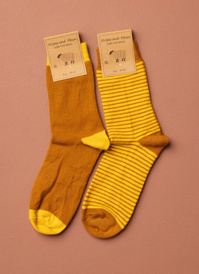 Ullstrumpor Rand/Solid Senap/gul