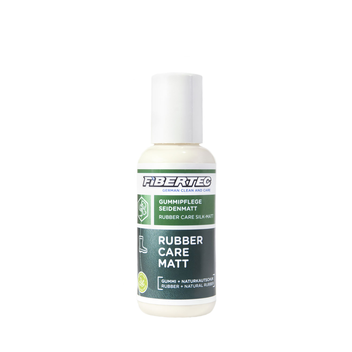 Den vårdande behandligen Fibertec Rubber Care Matt 100 ml. För gummistövlar och gummidetaljer på kängor.