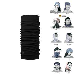 En svart Buff samt bilder på hur man kan använda den.