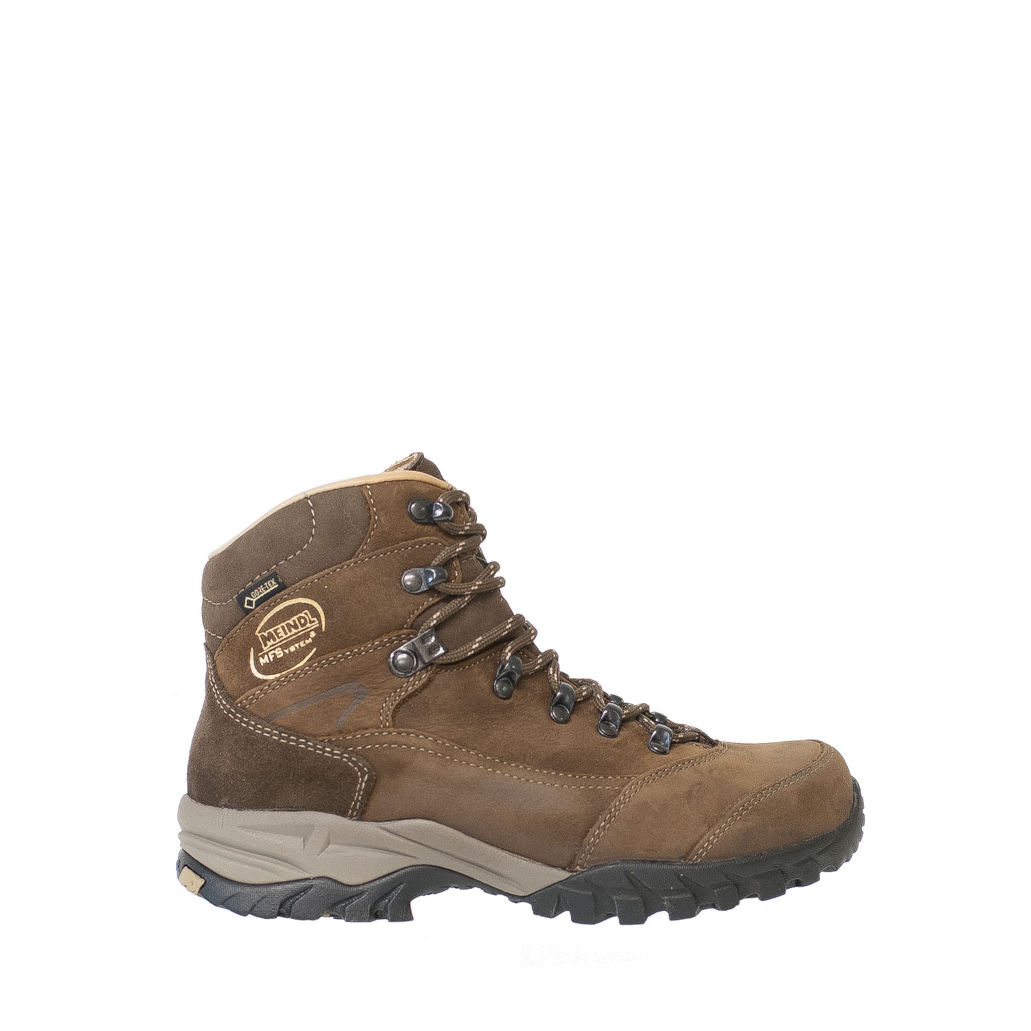 Utsidan på den extra breda dagsturskängan Meindl Tauern Gtx. Brun nubuck.