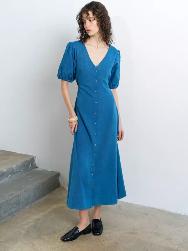 ZAVES CHAMBRAY PINTUCK MIDI DRESS MEDIUM BLEACH WASH FRENCH CONNECTION