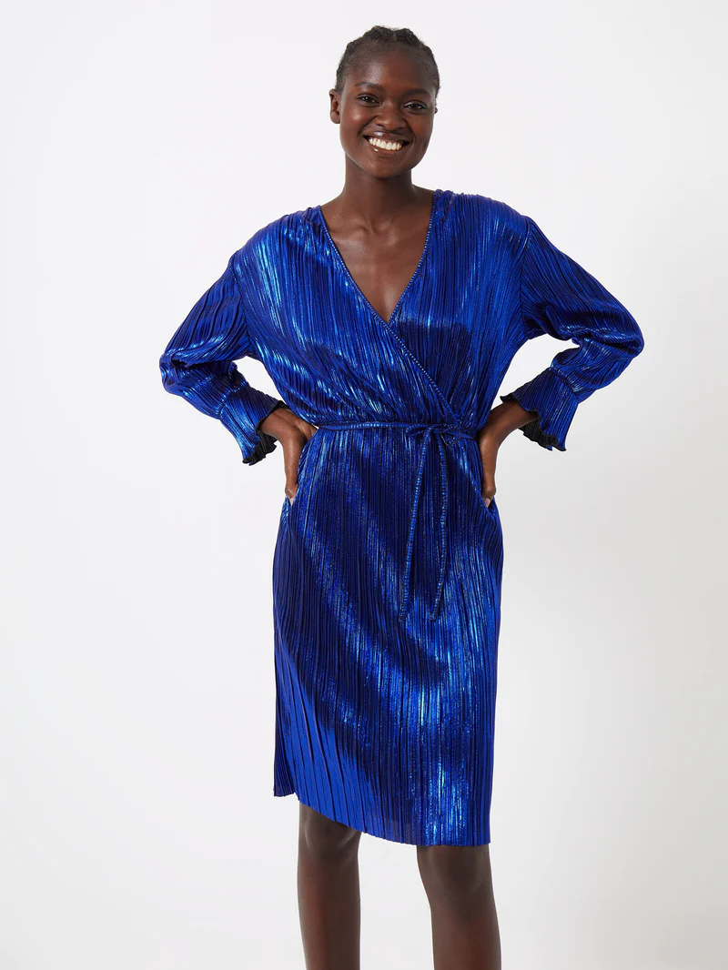 SINGA METALLIC PLEATED DRESS BLUE FRENCH CONNECTION