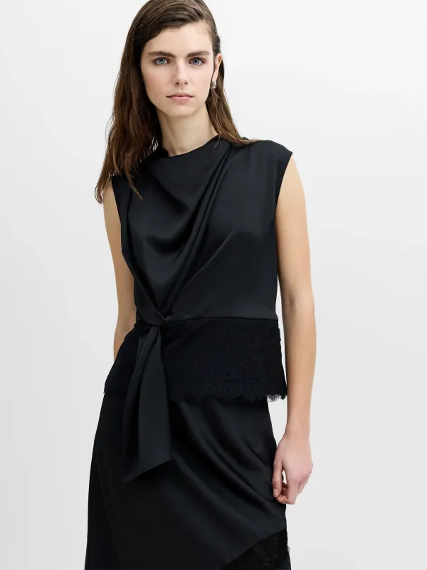 DAHLIA DRAPED LACE HEM TOP GRAPHITE GREY/BLACK FRENCH CONNECTION