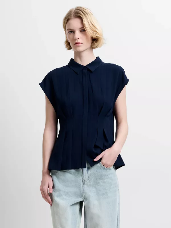 CODIE SLEEVELESS PLEATED TOP NAVY FRENCH CONNECTION