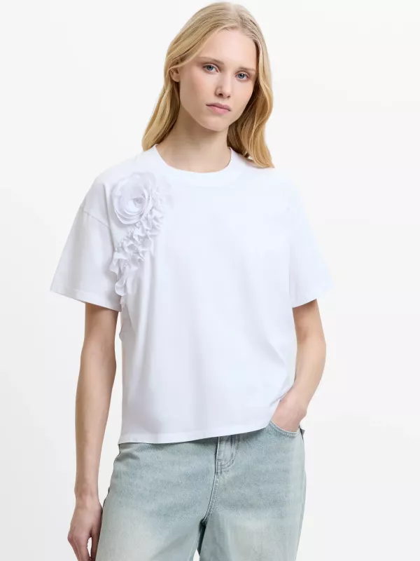 COTTON CREPE MIX RUFFLE T-SHIRT LINEN WHITE FRENCH CONNECTION