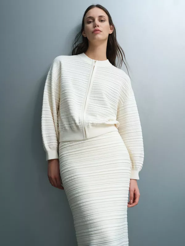 MAYIM KNIT PLEATED CARDIGAN PORCELAIN CREAM FRENCH CONNECTION