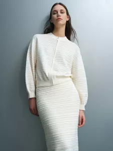 MAYIM KNIT PLEATED CARDIGAN PORCELAIN CREAM FRENCH CONNECTION