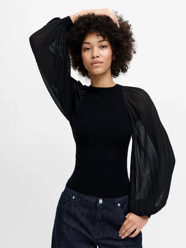 KRISTA MIX PLEATED SLEEVE TOP BLACK FRENCH CONNECTION