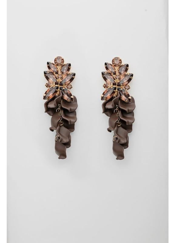 LEAF BIG STONE EARRINGS BROWN BOW19