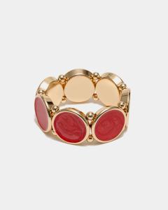 AVA PEARL ELASTIC BRACELET GOLD W PEARL RED BOW19